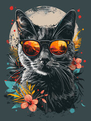 Wall Mural - Cute cat with sunglasses. Vector illustration for t-shirt print.