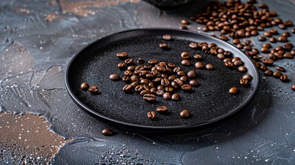 Wall Mural - brown coffee beans on black ceramic plate