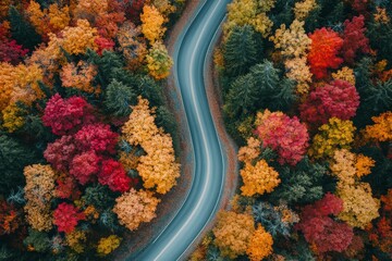 Winding gracefully through a forest, this road showcases the stunning autumn foliage, with trees displaying a vibrant mix of red, orange, and yellow leaves