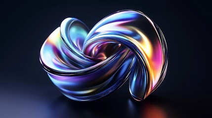 Wall Mural - Abstract iridescent 3D shape with metallic finish on dark background.