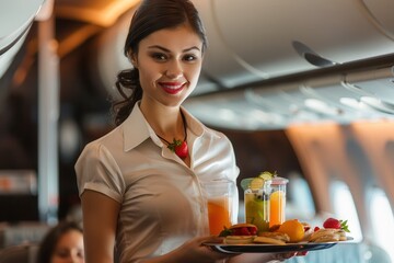 Aufkleber - The flight attendant is cheerfully serving colorful drinks and snacks to passengers seated in the cabin. Generative AI
