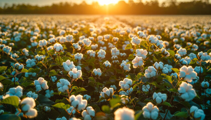 Wall Mural - A field of cotton flowers with the sun shining on them. The sun is setting in the background