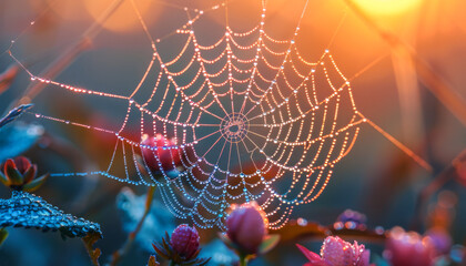 A spider web is shown in a field of flowers. The web is surrounded by a variety of flowers, including pink and purple ones. The scene is peaceful