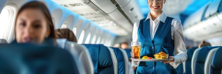 Aufkleber - A flight attendant offers drinks and snacks to passengers seated in a modern airplane cabin. Generative AI