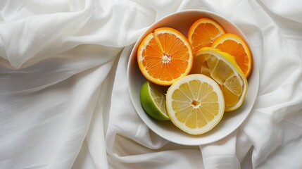 Wall Mural - bowl of sliced fruits on white textile