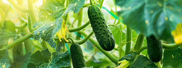 Ripe cucumbers are ready to harvest in the organic greenhouse. Cucumbers growing on bushes. The concept of growing vegetables.