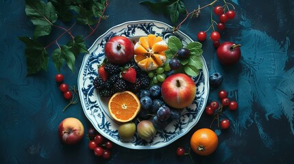 Wall Mural - flat lay photography of fruits on plate