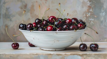 Wall Mural - black and red cherries on white bowl