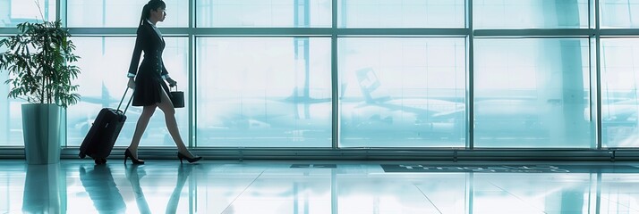 Aufkleber - A flight attendant strolls through the airport, pulling a suitcase, as sunlight illuminates the terminal's modern architecture. Generative AI