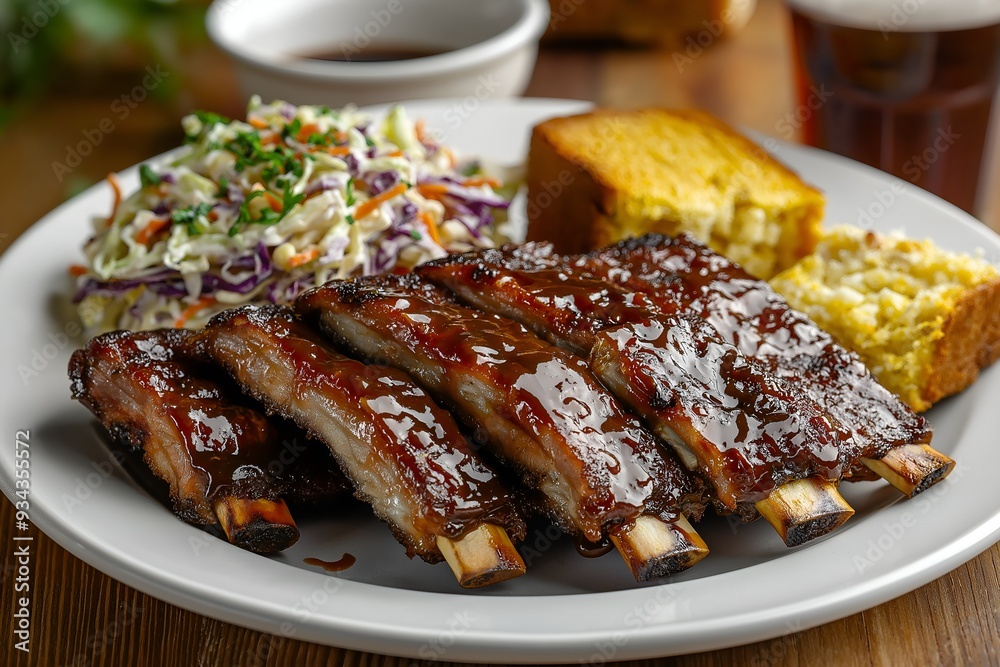 A Plate Of Barbecue Ribs Glazed With A Sticky, Smoky Sauce, Served With ...