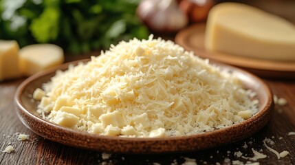 Close-up of Grated Parmesan Cheese on a Wooden Plate