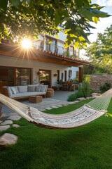 Wall Mural - Cozy wooden house with a hammock at dusk surrounded by greenery