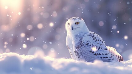 Wall Mural - a white owl is sitting in the snow