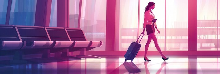 Aufkleber - A flight attendant strolls through a vibrant airport terminal, wheeling her suitcase, preparing for her next travel journey as dusk settles. Generative AI