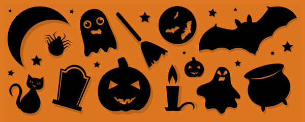 Collection of halloween silhouettes icon and character., witch, creepy and spooky elements for halloween decorations, silhouettes, sketch, icon, sticker. Hand drawn vector illustration