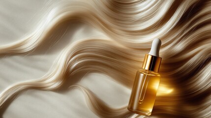 Luxury hair oil with golden strands on a light surface