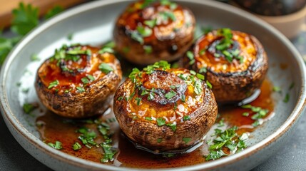 Wall Mural - Grilled portobello mushrooms garnished with herbs on a rustic plate