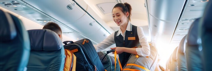 Aufkleber - A flight attendant helps a passenger with their carry-on bag while moving through the aircraft aisle in a welcoming atmosphere. Generative AI