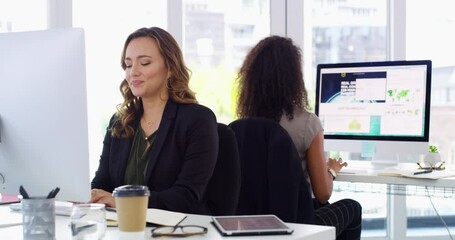 Poster - Computer, help or people in office coworking, talking or asking questions on notes or paperwork. Women, teamwork or employees working on research, digital technology review or tech update online