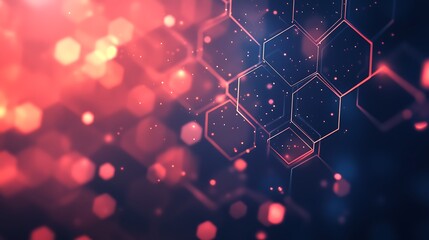 Abstract red and blue glowing hexagonal pattern with bokeh effect.