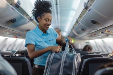 Aufkleber - The flight attendant helps passengers organize their carry-on bags and ensures a smooth boarding process in the airplane cabin. Generative AI