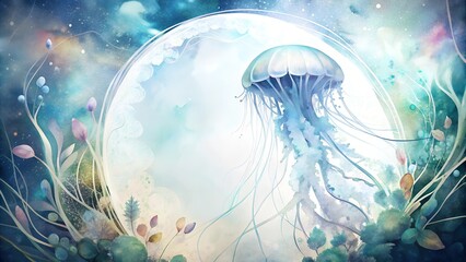 Dreamy underwater scene with jellyfish, watercolor fantasy art with copy space