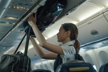 Aufkleber - A flight attendant assists a passenger in placing a bag into the overhead compartment while preparing for takeoff. Generative AI