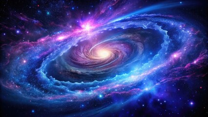 Vibrant purple and blue galaxy swirls surrounded by millions of twinkling stars, shining bright against a dark black cosmic background with subtle nebula textures.