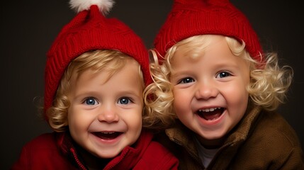 Wall Mural - Cheerful children in santa hats eager for christmas festivities and holiday season celebrations