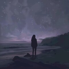 A solitary figure stands on the shore gazing at the starlit sky above the vast ocean