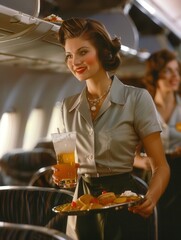 Aufkleber - A flight attendant serves food and drinks to passengers in a classic airplane cabin, showcasing retro style and hospitality during a travel experience. Generative AI