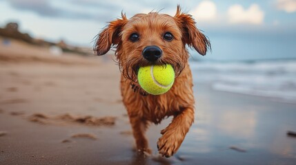 Dog running on the beach with a tennis ball during a cloudy day