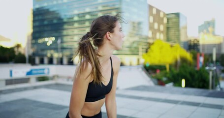 Poster - Thinking, running and tired with woman in city for health, energy and cardio training. Wellness, sports challenge and breathing with female runner in outdoor for exercise, workout and endurance