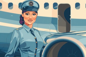Aufkleber - A flight attendant poses next to an airplane on the tarmac, smiling as she prepares for boarding and ensuring a pleasant travel experience for everyone. Generative AI