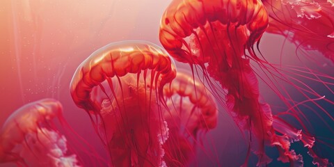 Poster - Graceful jellyfish with red and white swirls drifting peacefully in the ocean evoking a serene and tranquil environment