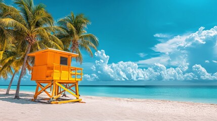 Canvas Print - Bright tropical beach with lifeguard tower and palm trees under sunny blue sky