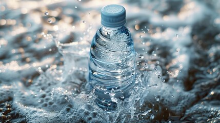 Poster - Fresh Water Bottle Surrounded by Splashes in a Rocky Shoreline Setting During Late Afternoon