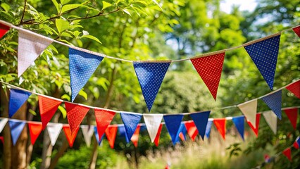 Wall Mural - Vibrant red, white, and blue triangular flags adorn a festive bunting background, perfect for patriotic celebrations, summer holidays, and outdoor gatherings.