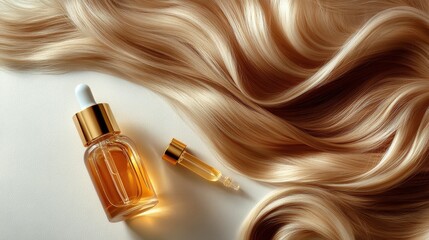 Luxury hair oil with golden strands on a light surface