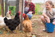 © JackF - Mom and her daughter feed chickens in chicken coop in the backyard of country house
