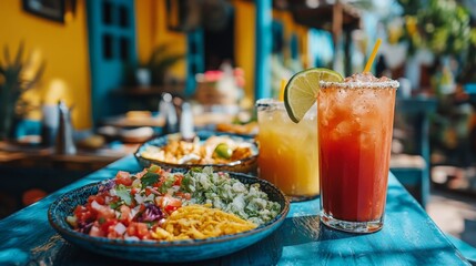 Colorful Mexican dishes and drinks served on a vibrant outdoor table in a sunny restaurant