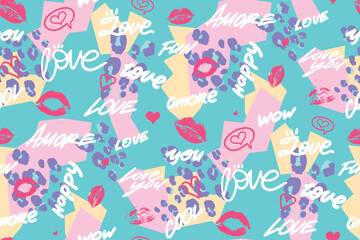 Wall Mural - Abstract seamless geometry pattern with leopard spots, kiss trace, text Love, love you, cool. heart ornament. Romantic wrapping paper. Valentine's day pattern. Trendy girlish print for clothes.