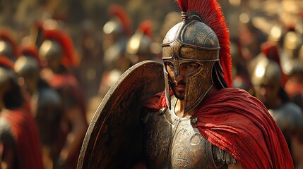 Ultra-realistic Spartan warrior, holding shield and spear, cinematic light, daylight.