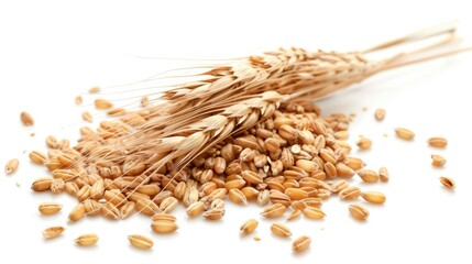 pile of wheat next of wheat stalks isolated on white background