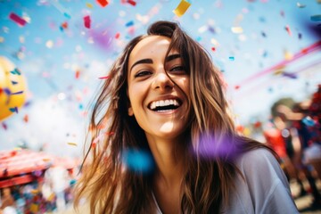 Wall Mural - A girl with a bright and happy smile is in the middle of a summer festival, colorful confetti falling all around