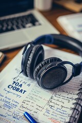 Wall Mural - A pair of headphones laying on a desk surrounded by written notes and the word Podcast prominently featured in the center  AI generated illustration