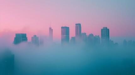 Wall Mural - A pastel city skyline enveloped in a subtle fog at dawn  AI generated illustration