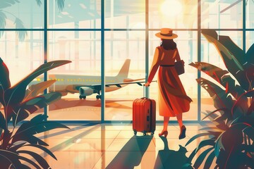 Aufkleber - A flight attendant stands at the airport, gazing at the airplane through large windows as the sun sets, holding a suitcase and looking ready for departure. Generative AI