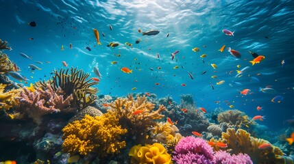 Wall Mural - A serene underwater coral reef teeming with marine life AI generated illustration