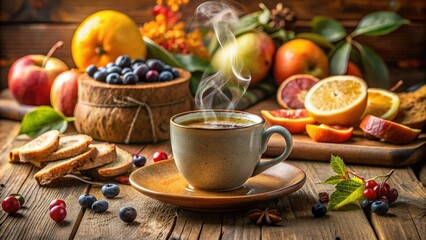 Warm and inviting morning scene featuring a steaming cup of coffee in a cozy ceramic mug surrounded by crispy bread and fresh morning fruit.